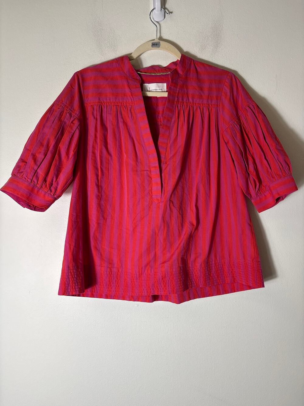 by Anthropologie Purple Red Stripe Half Puff Sleeve Tunic Sz S